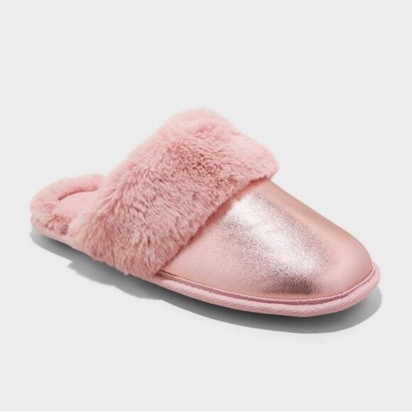 Auden Metallic Pink Faux Leather Fuzzy Slippers Size M7/8 - Picture 1 of 3